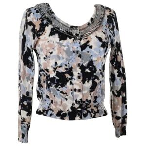 Anthropologie HWR Cardigan Multicolor Button Sweater with Beaded Collar Sz Small